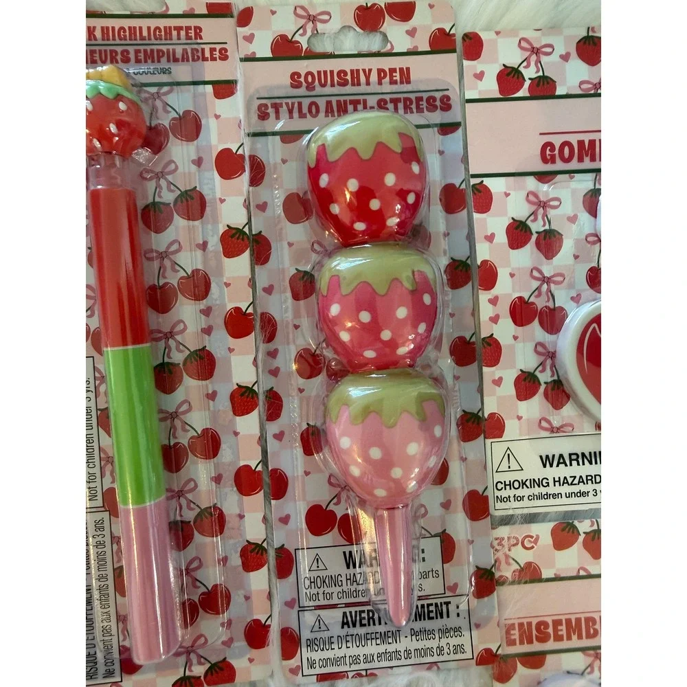 Cherry and Strawberry Stationery Set Pens Highlighters Sticky Notes Erasers 6pc